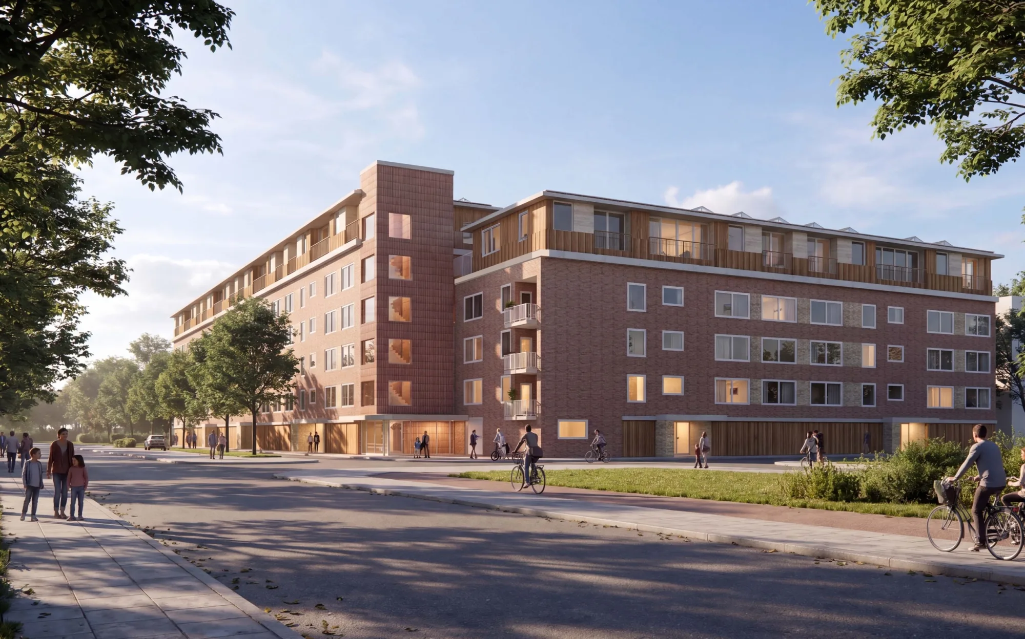 Render van een woongebouw met een nieuwe bovenste laag