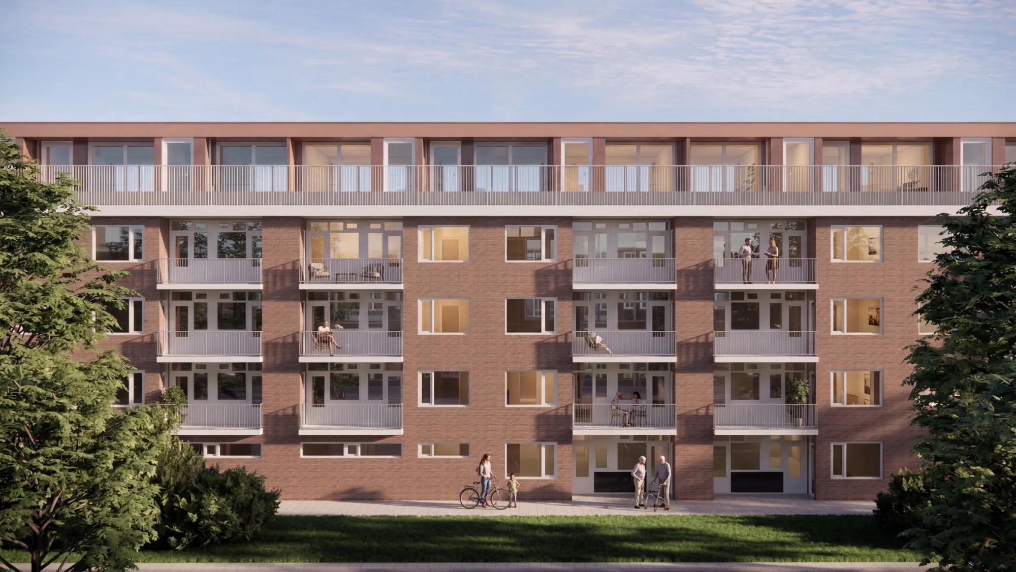 Render van de balkonzijde van een galerijflat met een nieuwe, teruggelegde woonlaag op het dak