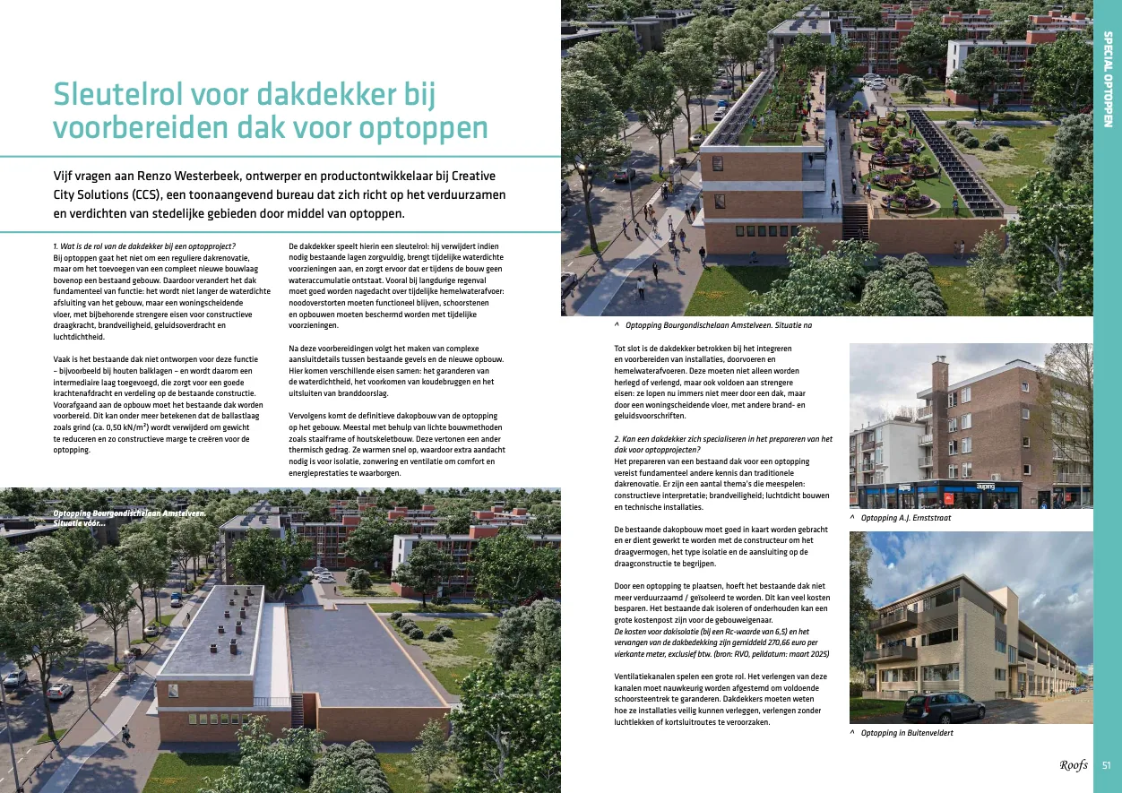 Tijdschriftartikel in Roofs over de rol van de dakdekker bij optopprojecten in Amstelveen en Buitenveldert.
