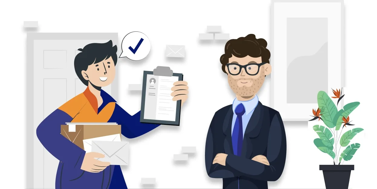 Tekening van twee mensen op een kantoor: de een geeft een brief en een klembord aan een man met een bril