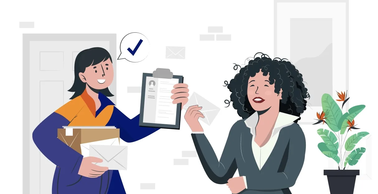 Tekening van twee mensen op een kantoor: de een geeft een brief en een klembord aan de ander