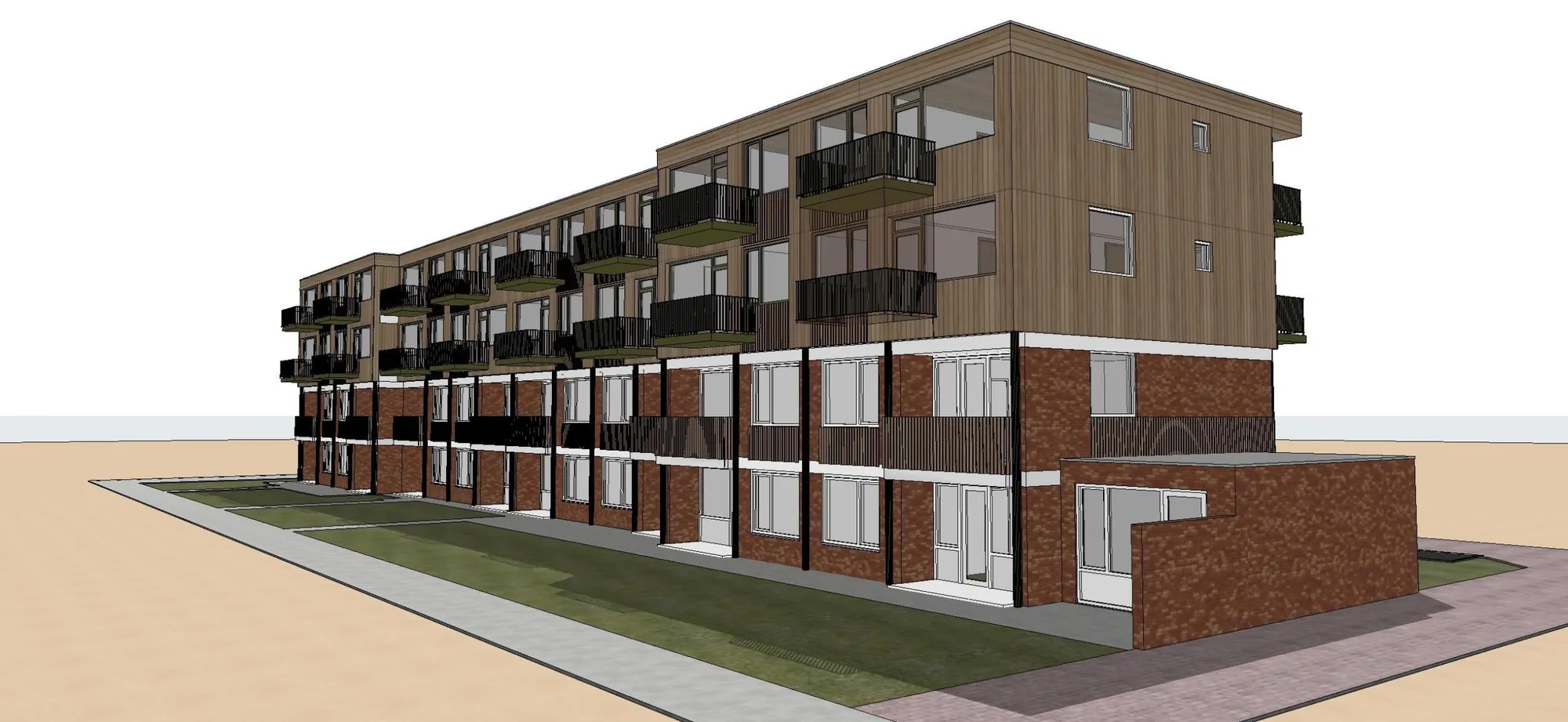 3D-model van het blok aan de Bloemenhof: drie bakstenen woonlagen met daarbovenop een nieuwe woonlaag in hout met balkons.