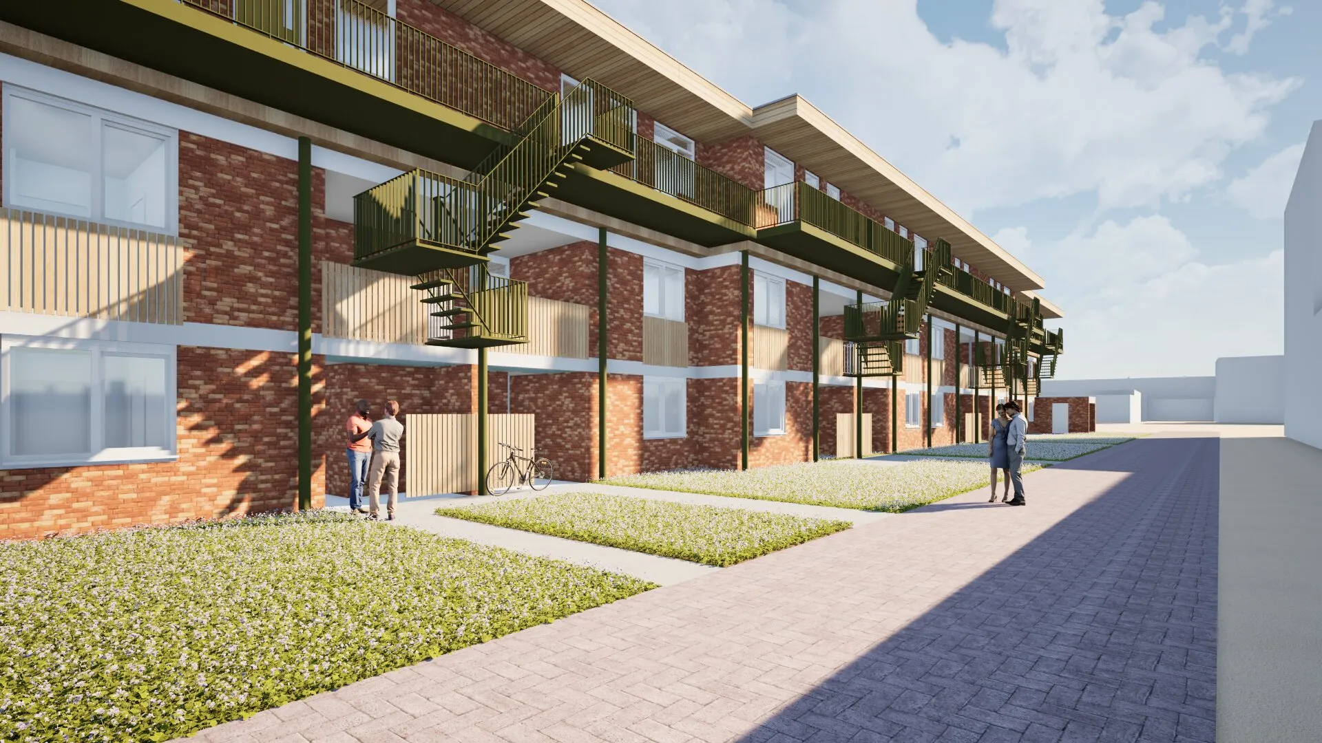 Impressie van de noordzijde van de Bloemenhof: galerijen en buitentrappen in groen staal langs de bakstenen gevel, met de nieuwe woonlaag erboven.