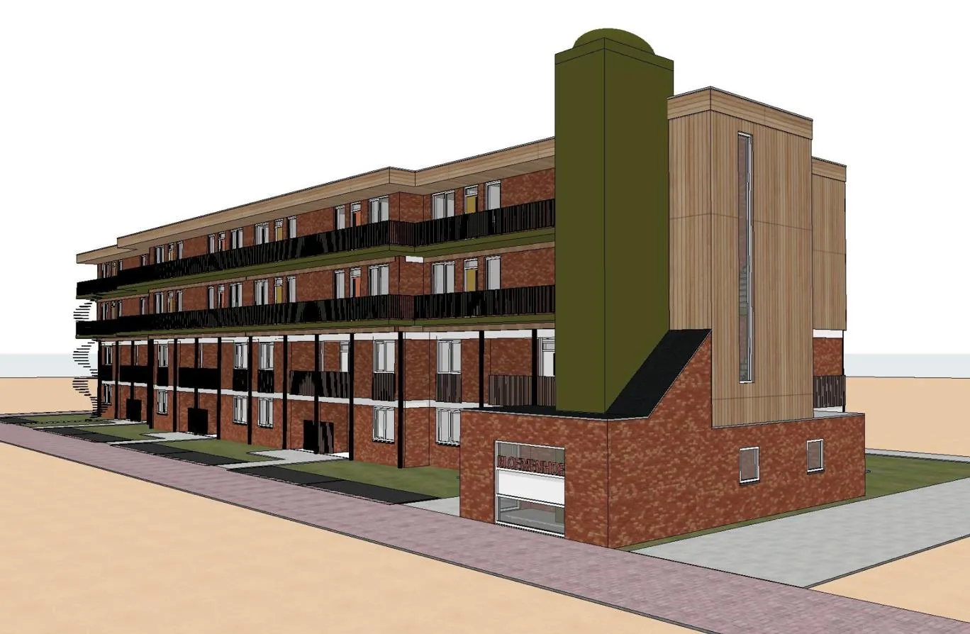 3D-impressie van de Bloemenhof: drie bakstenen woonlagen met daarboven een nieuwe laag in hout, en aan de kopgevel een nieuw groen stijgpunt.