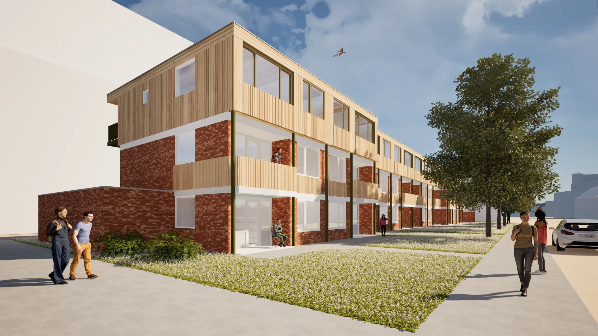 Impressie van de Bloemenhof in Oosterhout: twee bakstenen woonlagen met daarboven een nieuwe laag in hout, gedragen door slanke groene kolommen langs de gevel.