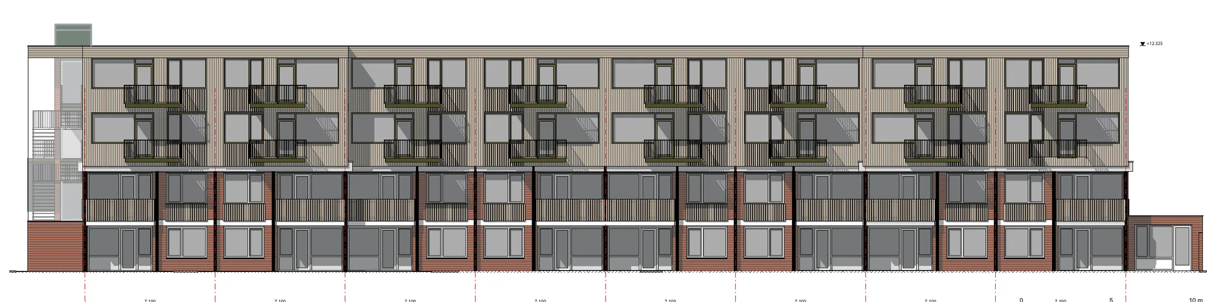 Zuidoostgevel van de Bloemenhof: twee bakstenen lagen met daarboven twee nieuwe woonlagen in hout met balkons, links het nieuwe trappenhuis.