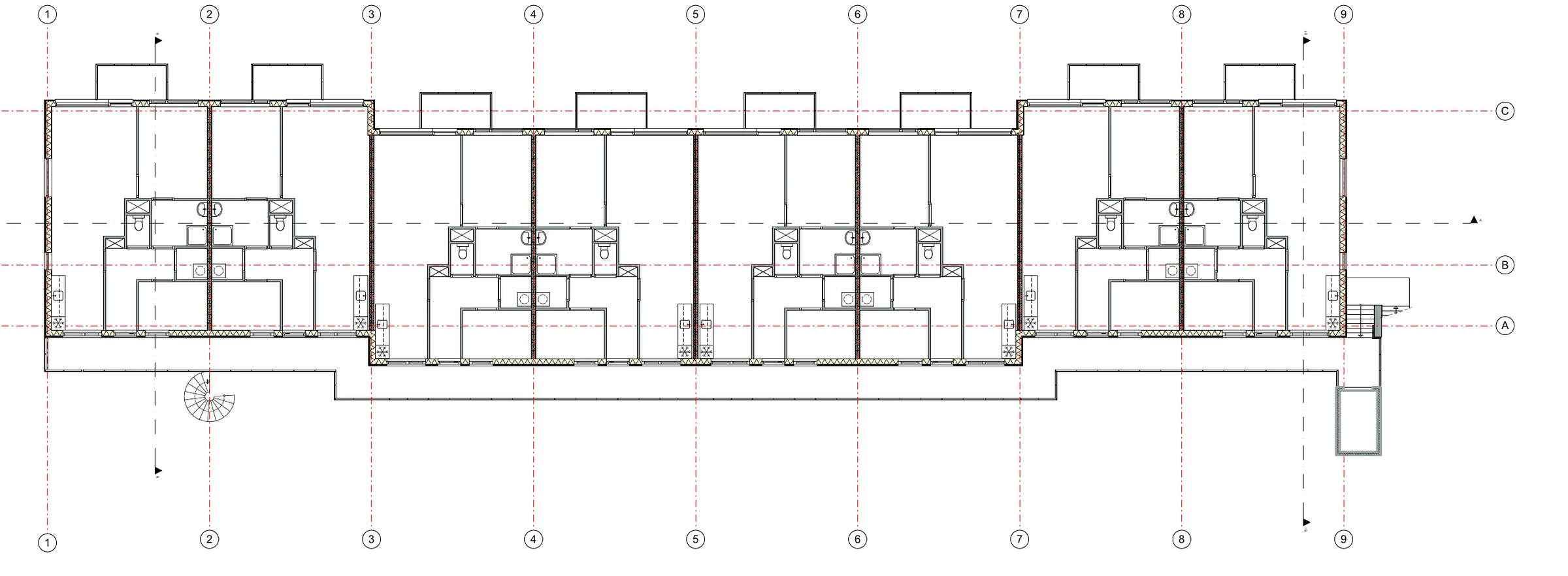 Plattegrond van een nieuwe woonlaag: acht woningen op een rij, elk met een balkon, aan een galerij, met de wenteltrap links en het trappenhuis rechts.