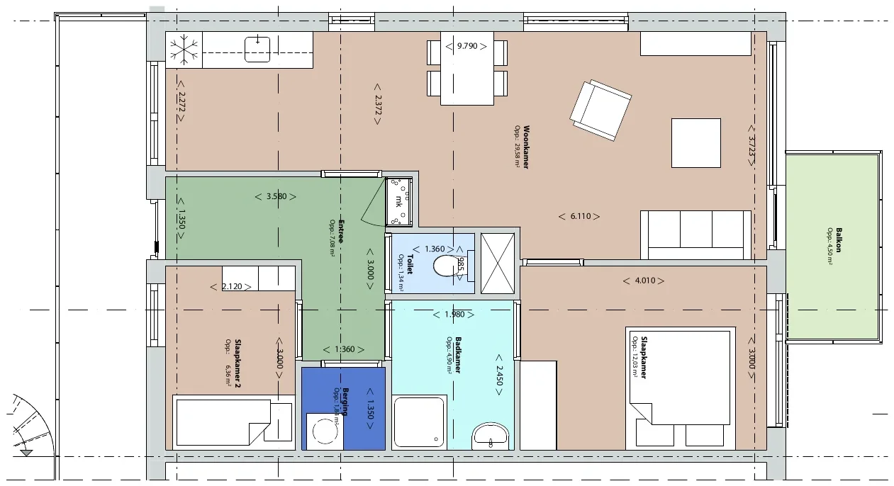 Plattegrond van een nieuwe woning op de optopping: woonkamer, twee slaapkamers, badkamer en een balkon.