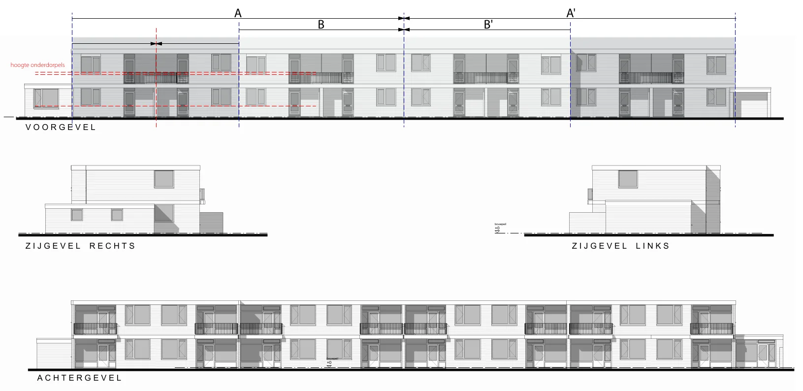 Analyse van het bestaande gebouw: de voorgevel met de maten A, B en B' erboven, de twee zijgevels en de achtergevel, in lijntekening.
