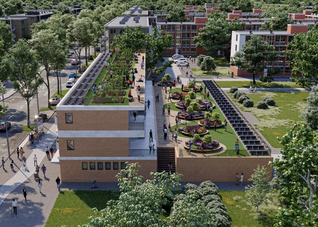 Render van een opgetopt gebouw met een nieuwe daklaag, daktuin en zonnepanelen.