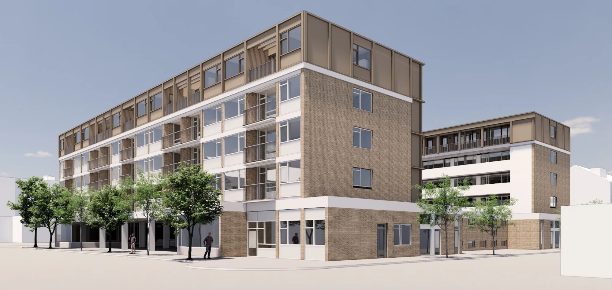 Render van een optopping op een bestaand woongebouw met winkels in de plint