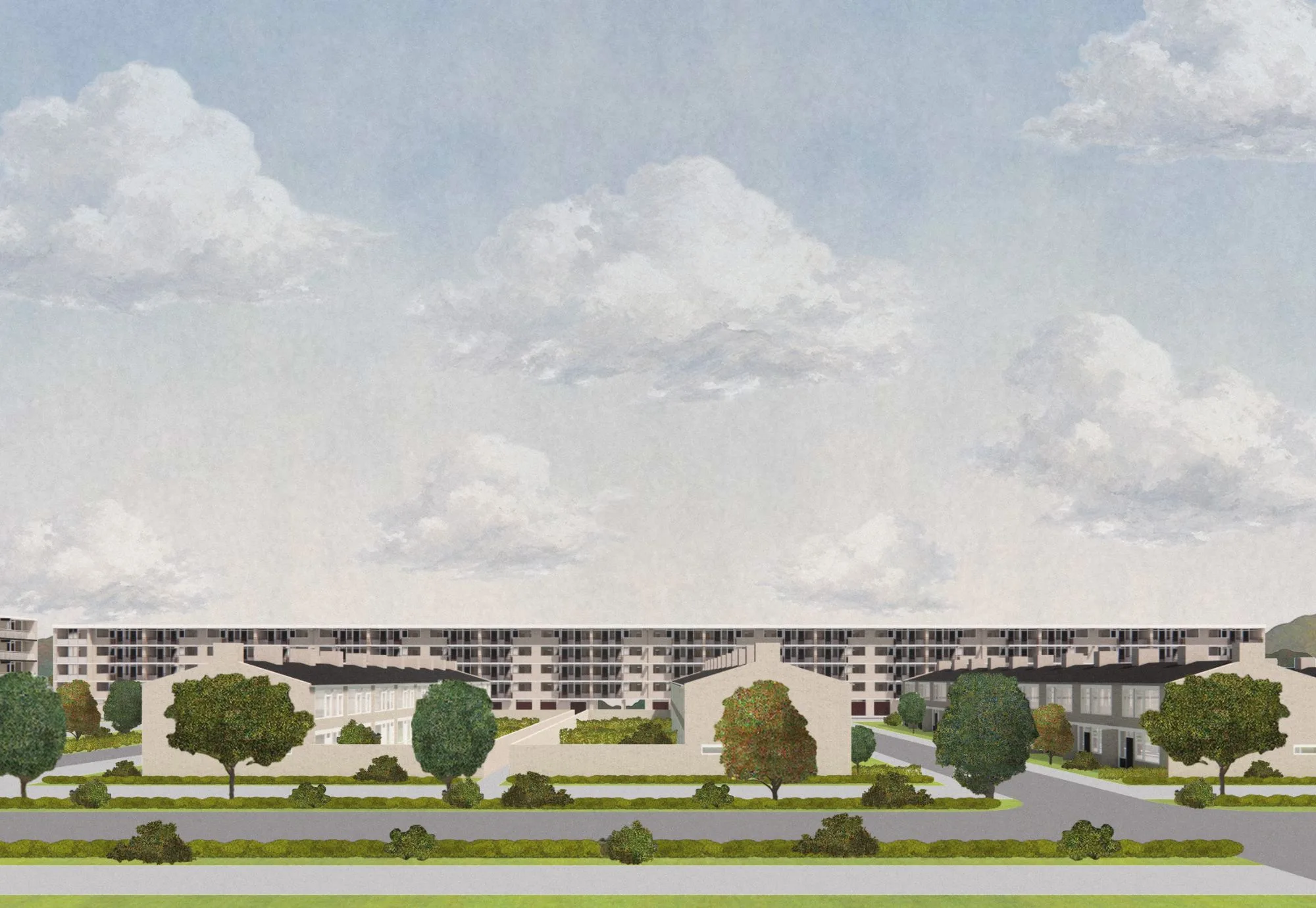 Collage van een woonwijk: laagbouw met zadeldaken, bomen en een brede straat, met daarachter een lange flat onder een wolkenlucht
